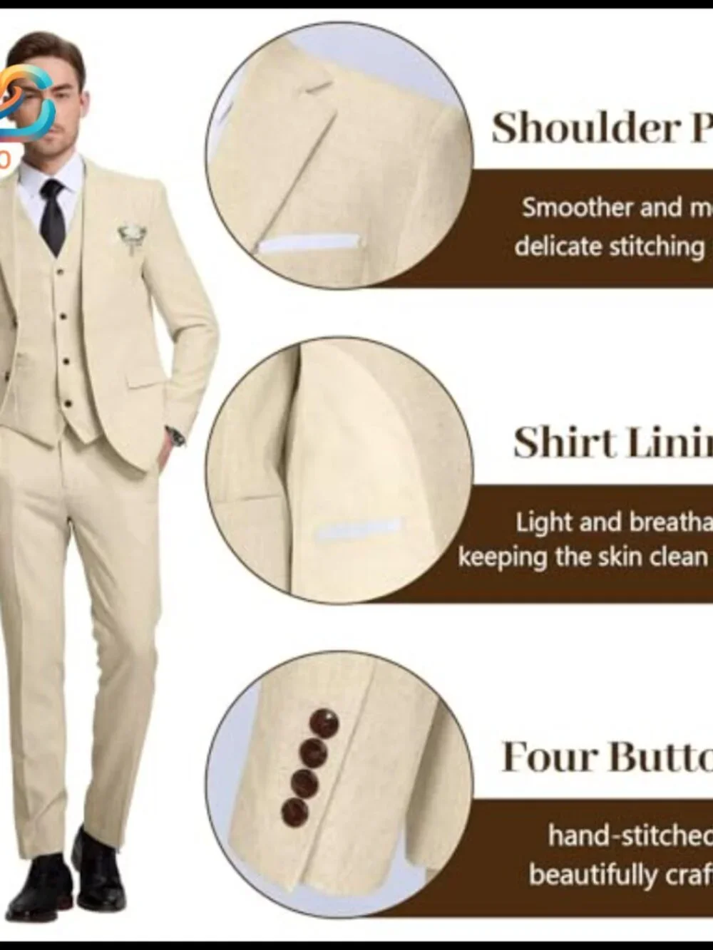 Slim Fit Linen Suit 3-Piece Jacket Vest Pants Wedding Casual Business
